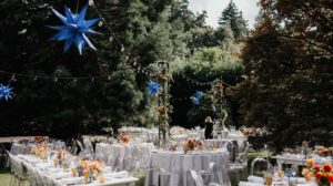 Garden wedding seating area floral design