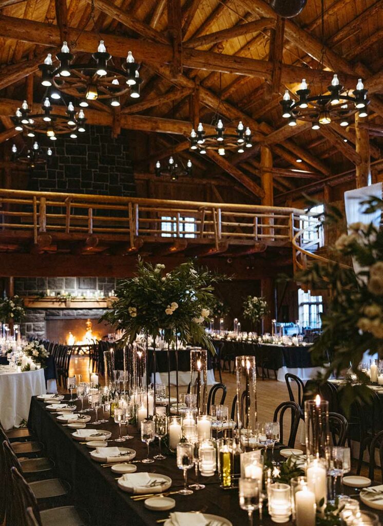 sunriver winter wedding great hall fireside decoration